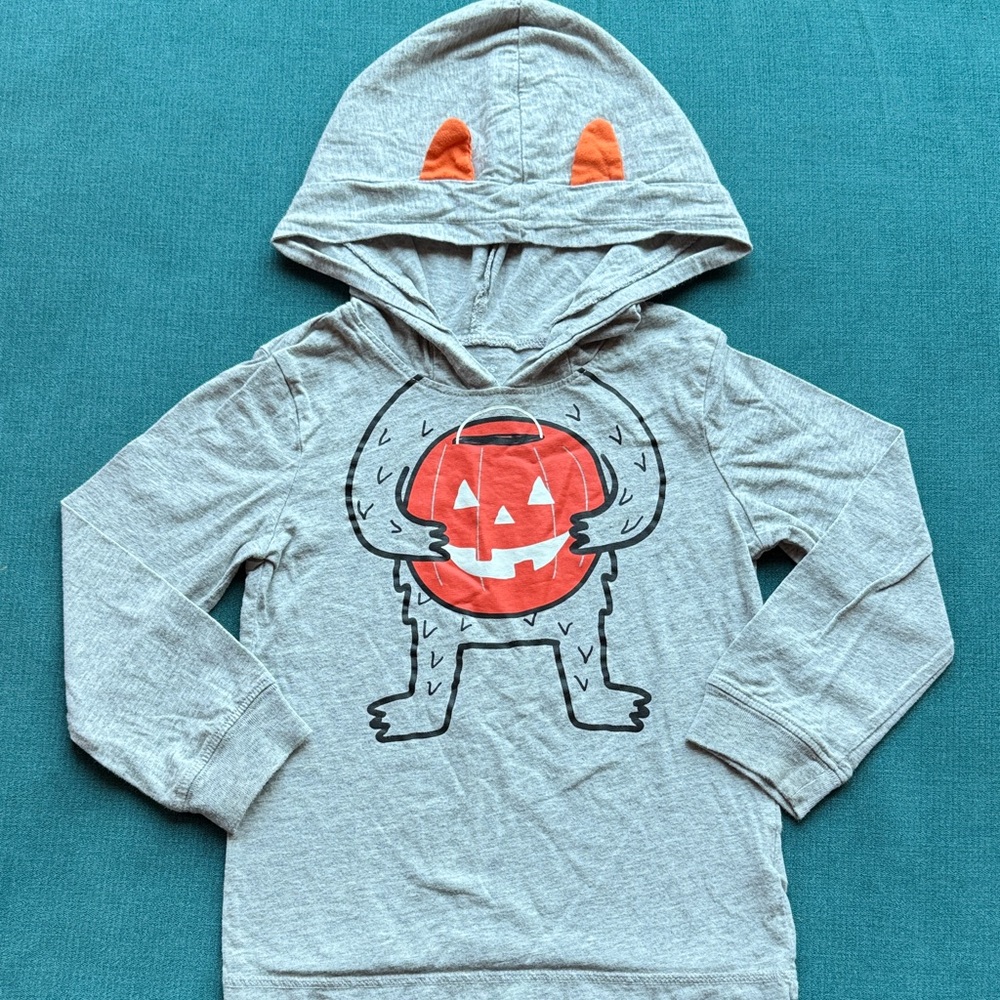 Gray Hoodie with Little Monster Pumpkin Design - Halloween